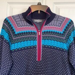 Women’s M Eddie Bauer half zip Fair Isle sweater Navy blue base colorful design